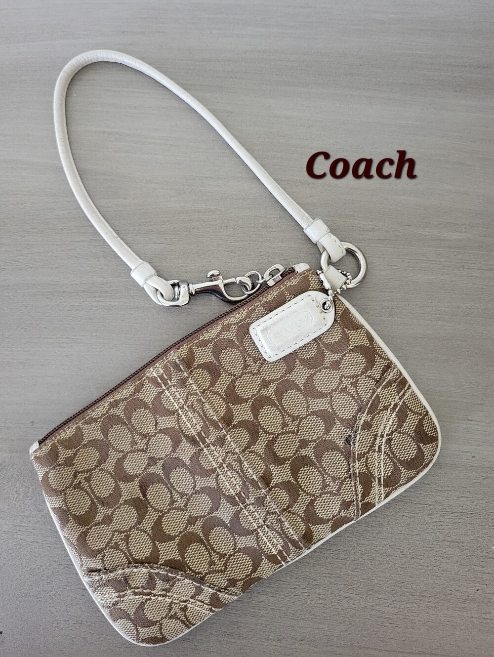 Coach Brown Signature Canvas Wristlet with White Trim